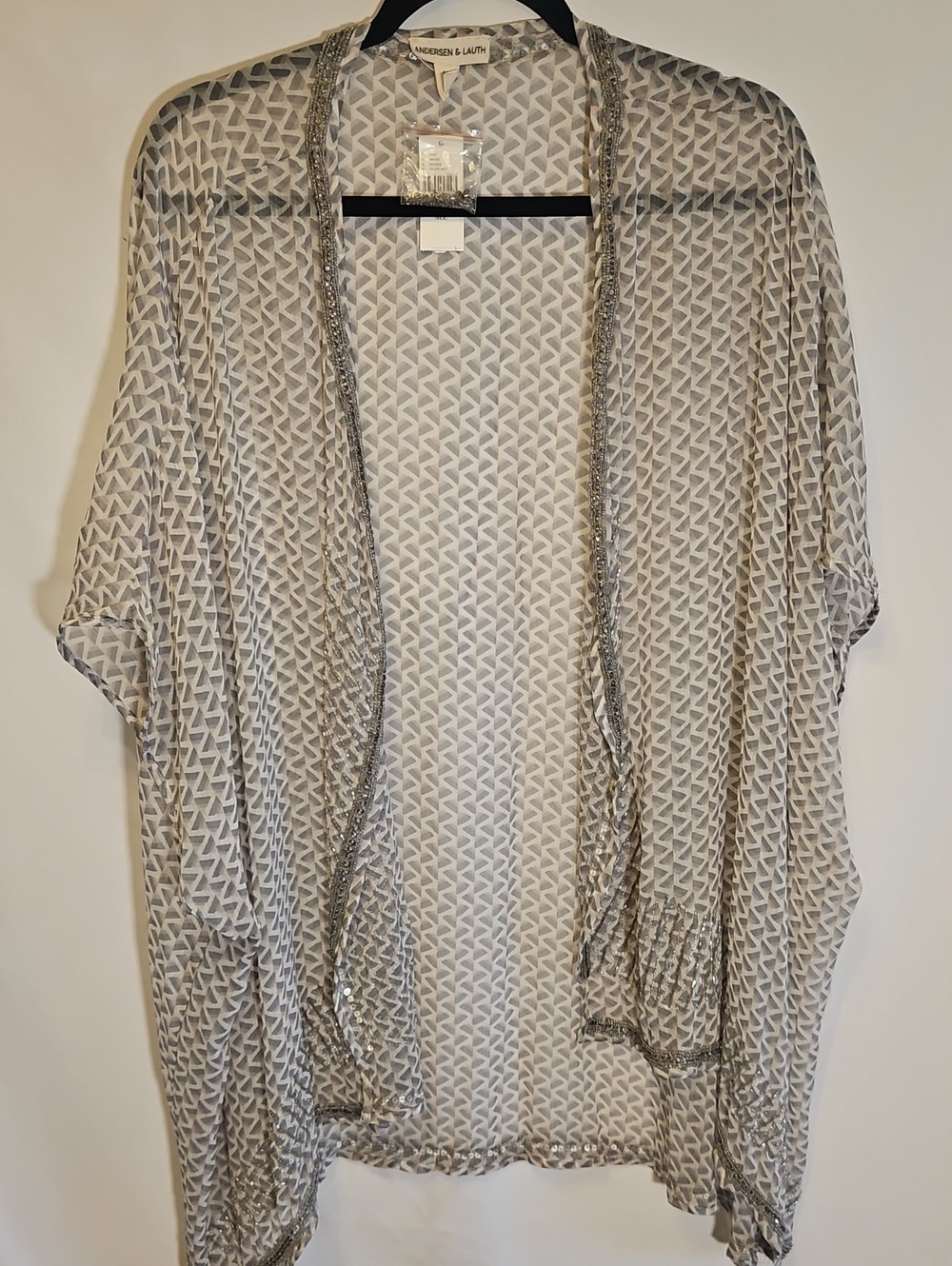 NWT Anthropologie Andersen & Lauth Beaded Sheer Kimono Cardigan Gray Gold